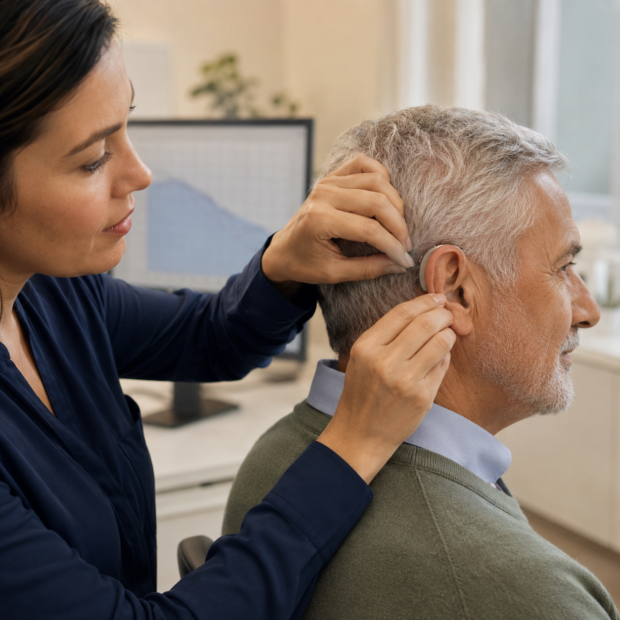 Hearing-care professional fitting a prescription hearing aid